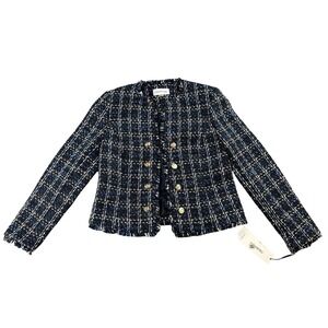 Calvin Klein Tweed Fringe Jacket Women 8P Blue Petite Plaid Blazer Button Front